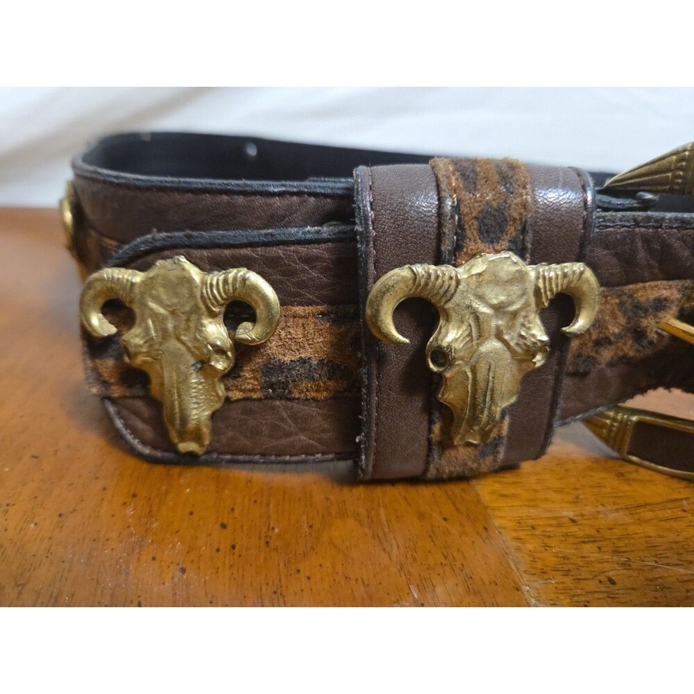 Leatherock Belt by Nina Arjani Brown Leather Cow Skull Leopard Print Size L Vntg - Picture 2 of 5